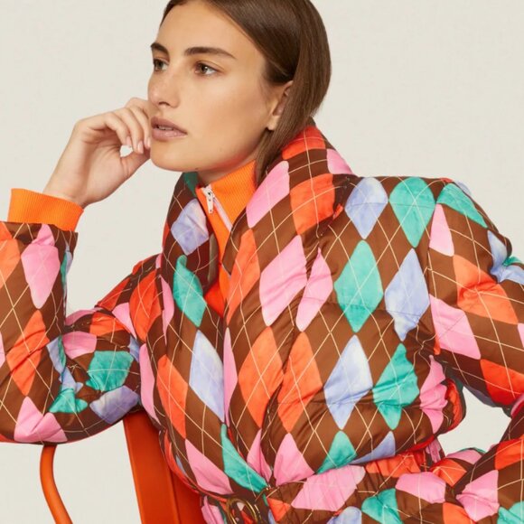 Rachel Antonoff Pink Brown & Orange Argyle Belted Puffer Jacket S - Picture 4 of 14